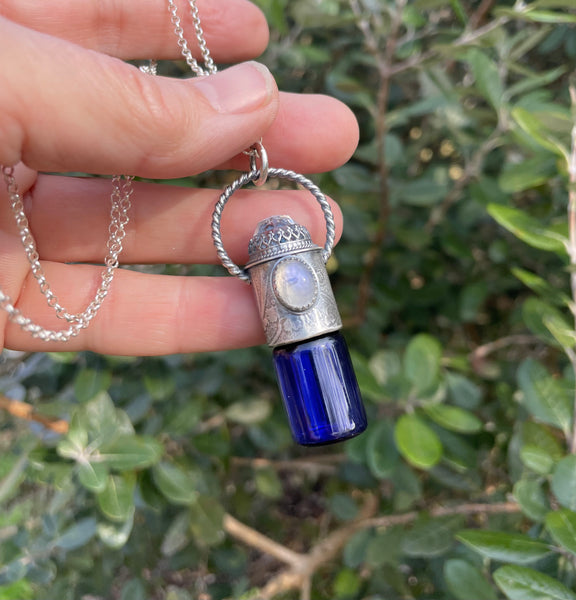 Cobalt Glass with Moonstone & Quartz Rollerball Pendant