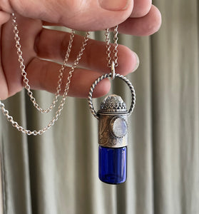 Cobalt Glass with Moonstone & Quartz Rollerball Pendant
